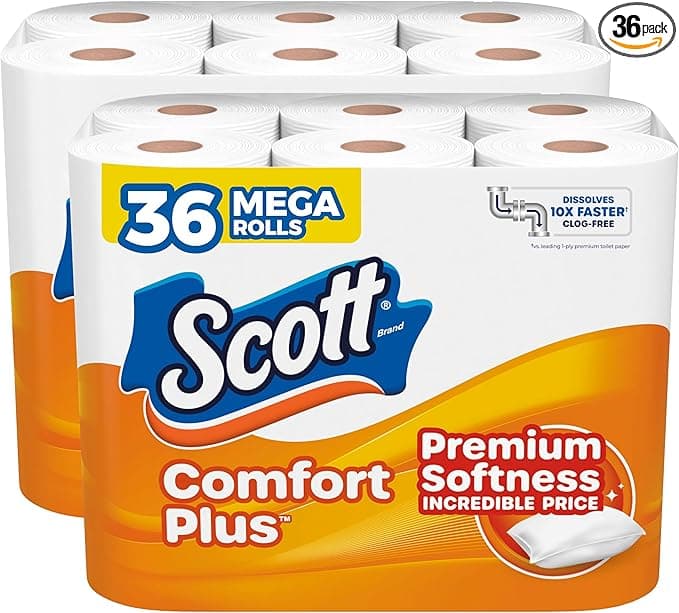 Scott ComfortPlus Toilet Paper, 2 Packs of 18 Mega Rolls, 310 Sheets per Roll, Septic-Safe, 1-Ply Toilet Tissue