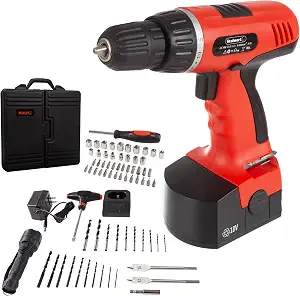 Cordless Drill Set - 78-Piece 18V Tool Set with Drill Bits, Sockets, Driver Bits, Flashlight, Rechargeable Battery, and Tool Box by Stalwart (Red)