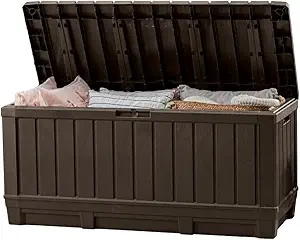 Keter Kentwood 92 Gallon Resin Deck Box-Organization and Storage for Patio Furniture Outdoor Cushions, Throw Pillows, Garden Tools and Pool Floats, Brown