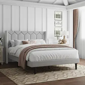 IOILORI Full Size Bed Frame with Velvet Upholstered Headboard, Platform Bed Frame No Box Spring Needed, Modern Bedframe with Strong Wooden Slats, Light Gray