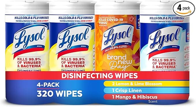 Lysol Disinfecting Wipes Bundle, Home Apartment Dorm Room Essentials and Cleaning Supplies, All Purpose Cleaner, Multi-surface Cleaning Wipes, Multi-Scent Sanitizing Wipes Bundle, 80 Count (4pk)