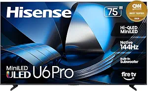 Hisense 75" U6 Pro Series Mini‑LED ULED 4K UHD HDR Gaming AI Smart Fire TV (75U6SF Pro, 2026 New) – Hi-QLED, Native 144Hz, Motion Rate 480, Dolby Vision IQ · Atmos, HDR10+, Glare-Free, Alexa+