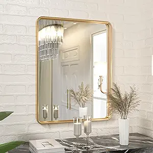 DENRICK Gold 16"*20"Bathroom Mirror for Wall Wall Mounted Square Metal Mirror (Horizontal/Vertical)