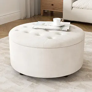 30 Inch Round Storage Ottoman,Modern Tufted Ottomans,Circular Coffee Table with Removable Top,Upholstered Large Ottoman with Storage Footrest Stool for Bedroom Living Room (White)