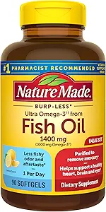 Nature Made Burp Less Ultra Omega 3 Fish Oil Supplements, 1400mg Fish Oil Omega 3 Supplements as Ethyl Esters for Healthy Heart Brain Eyes Support, One Per Day, 90 Softgels