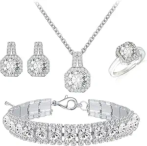 4pcs Cubic Zirconia Wedding Jewelry Sets for Bride Bridesmaid Cubic Zirconia Pendant Necklace Earrings Link Tennis Bracelet Open Ring Set for Women