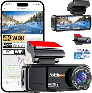 Dash Cam Front and Rear, 4K + 1080P Dual Dash Camera for Cars with 64GB Card, Built-in GPS, 5.8GHz WiFi, 3.2" IPS Screen, 24H Parking Mode,Loop Recording, WDR, Night Vision