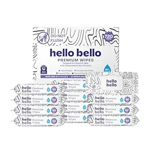 Hello Bello Premium Wipes, Designed for Sensitive Skin with Chamomile & Aloe Extracts, Playful Sketches (12 Resealable Packets = 720 Total Wipes)