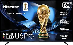Hisense 65" U6 Pro Series Mini‑LED ULED 4K UHD HDR Gaming AI Smart Fire TV (65U6SF Pro, 2026 New) – Hi-QLED, Native 144Hz, Motion Rate 480, Dolby Vision IQ · Atmos, HDR10+, Glare-Free, Alexa+
