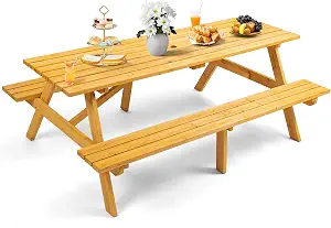 Zevemomo 8 Person Wood Picnic Table, Rectangle Tabletop with Umbrella Hole, 2 Built-in Long Benches, 2220LBS Total Capacity for Patios, Backyard, Light Wood