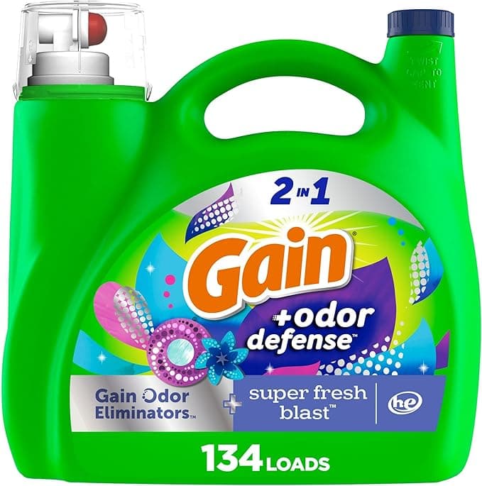 Gain Odor Defense Liquid Laundry Detergent, Super Fresh Blast Scent, 194 fl oz, 134 loads, 2 in 1, Laundry Detergent Liquid Soap, HE compatible
