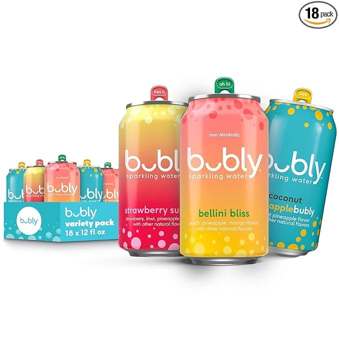 bubly Sparkling Water, 3 Flavor Variety Pack (Bellini, Strawberry Sunset, Coconut Pineapple), Zero Sugar &amp; Zero Calories, 12 Fl Oz Cans (Pack of 18)