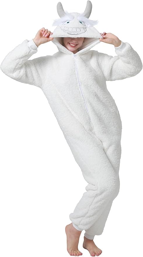 dressfan Unisex Fuzzy Snow Monster Halloween Costume Christmas Onesie Pajamas for Women &amp; Men