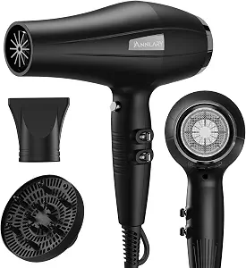 ANNLARY Ionic Hair Dryer with Diffuser, Blow Dryer, Professional 1875W Powerful AC Motor Hairdryer with 8.2Ft Cord for Women & Men, Fast-Drying Blow Dryer with Nozzle for Home, Salon