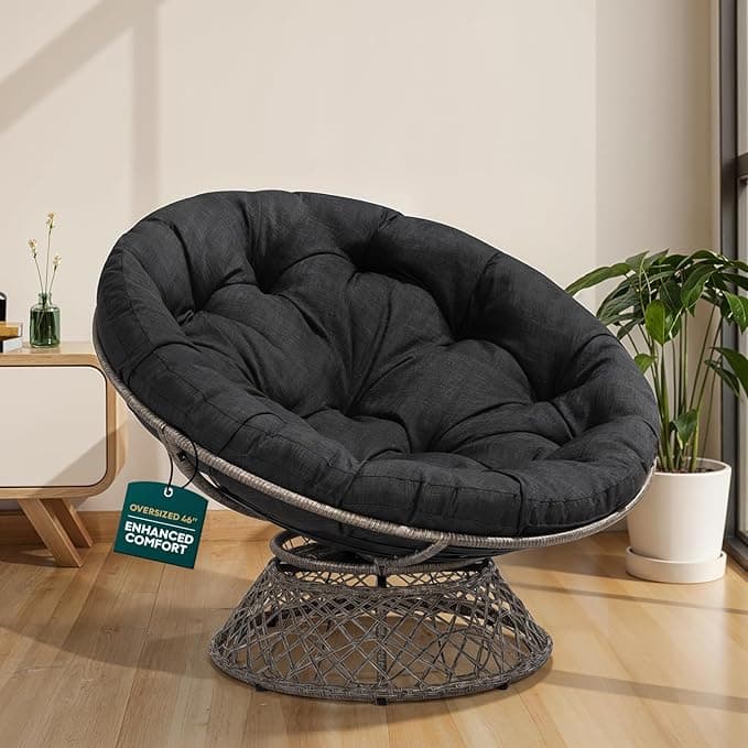 Bme Ergonomic Wicker Papasan Chair with Soft Thick Density Fabric, High Capacity Steel, 360 Degree Swivel for Living, Bedroom, Reading Room, Lounge, Black Cushion - Gray Frame