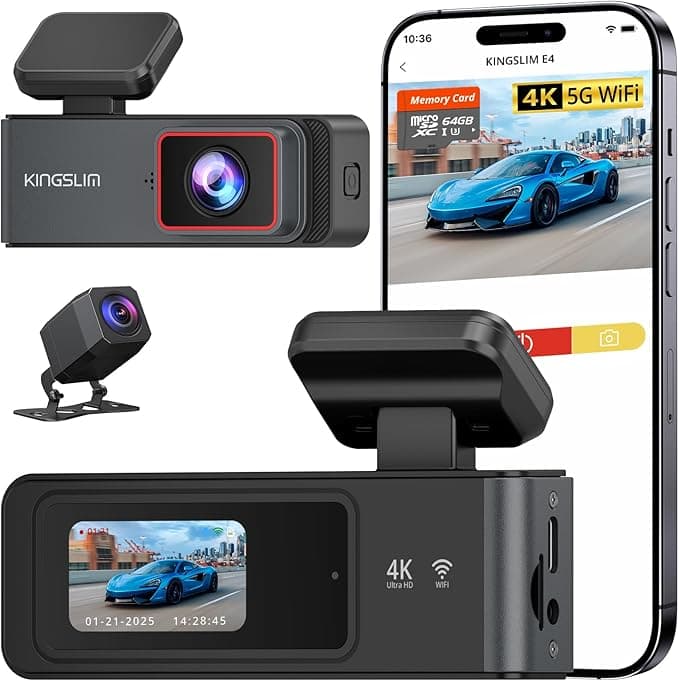 Kingslim 4K Dash Cam Front and Rear with 64GB SD Card, 5G WiFi Dash Camera for Cars, 1.5'' Screen Dashcam Wireless APP Control, Support G-Sensor/Time Lapse 2 Kinds Parking Monitor