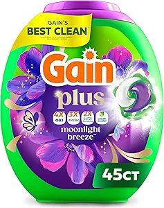 Gain Plus Flings Liquid Laundry Detergent Pods, Gain's Best Clean, All-In-One Pacs, Moonlight Breeze Scent, 45 Count