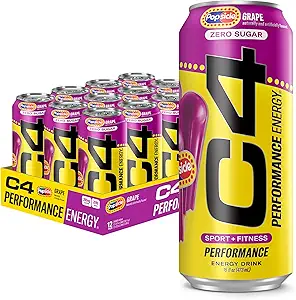 C4 Performance Energy Drink, Grape Popsicle, Zero Sugar Carbonated Preworkout Energy, 200mg Caffeine with Beta Alanine, 16 Fl Oz (12 Pack) | Carbonated, Pre Workout, Performance Drink, no Artificial Colors, no Dyes