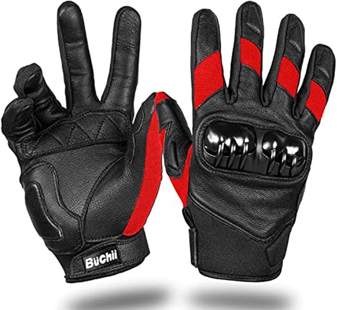 Buchii Leather Motorcycle Gloves Men &amp; Women Multi Purpose Hard Knuckle Cover Full Finger Goatskin Motorbike Gloves for BMX ATV MTB Riding Road Racing Motocross