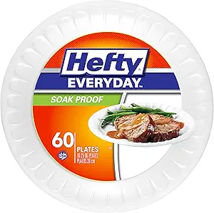 Hefty Everyday Soak-Proof Foam Plates, White, 10.25 Inch, 60 Count