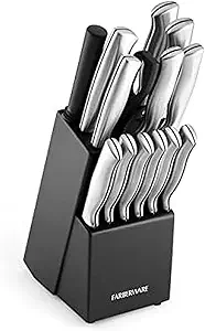 Farberware 15-Piece Kitchen Knife Set, High-Carbon Stainless Steel Blades with Wood Block, Steak Knives, Sharpening Tool & All-Purpose Shears, Razor Sharp, Ergonomic Stainless Steel Handles
