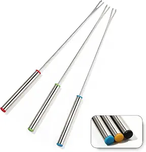 Fondue Forks Set of 3, 9.45" Stainless Steel Skewers for Cheese & Chocolate | Three assorted-color double-prong forks hold bread, fruit, marshmallows, cake, vegetables, and bite-size meat for dipping