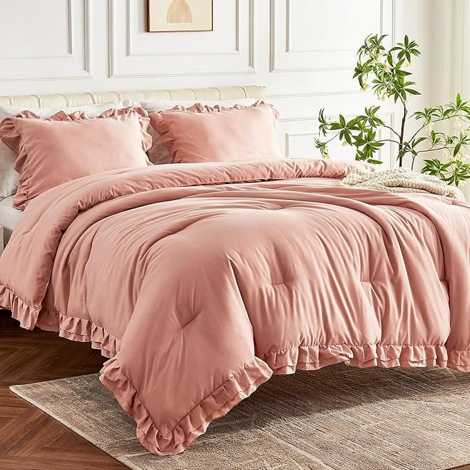 Blush Pink Double Ruffle Comforter Set Twin Size, 2 Pieces Rustic Vintage Farmhouse Shabby Chic Bedding Sets, All Season Soft Fluffy Lightweight Comforter Sets for Twin Bed