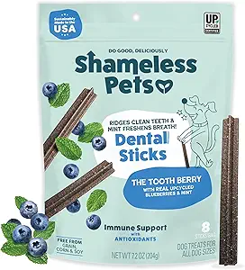 Shameless Pets Blueberry & Mint Dental Chews for Dogs, 8 Chews - Natural Dog Teeth Cleaning Treats with Fresh Breath Benefits | Grain-Free Dental Sticks for Small, Medium & Large Dogs