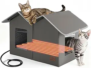 Bedsure Heated Outdoor Cat House-Extra Wide Weatherproof and Warming Feral Cat Shelter with Raised Base in Winter, Waterproof Insulated Outside Pet Hideout for Stray Kitty, 22.5x12.5x13.25inches, Grey