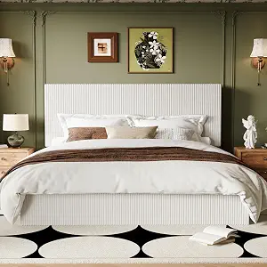 Allewie King Bed Frame, Adjustable Corduroy Headboard, Platform, White