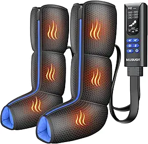 Air Compression Leg Massager with Heat : MUSUGY Sequential Foot and Calf Massager for Circulation and Pain Relief, with 9 Intensity, 6 Modes, 3 Heat - for Mom, Dad, Standing Jobs & Daily Relaxation