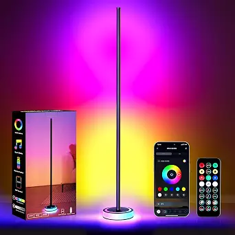 59" Smart LED Corner Floor Lamp, RGBICW Color Changing Ambient Lighting, App Control Music Sync Mood Light, Modern Dimmable Room Decor for Bedroom, Living Room, Gaming Setup, Black