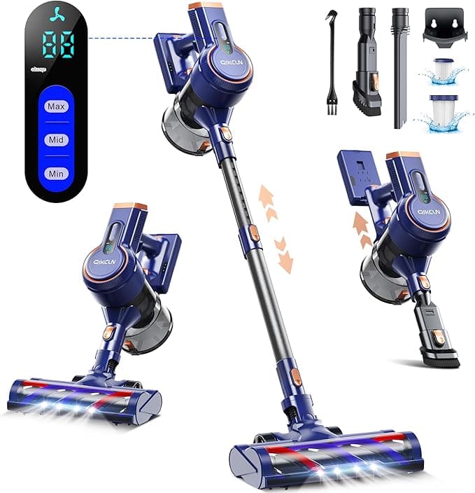 Cordless Vacuum Cleaner, 23kpa Powerful Lightweight Stick Vac with LED Headlights, 3 Modes, 45 Mins Runtime, Rechargeable Portable Handheld Vacuums for Home, Carpet, Hard Floor, and Pet Hair (Blue)