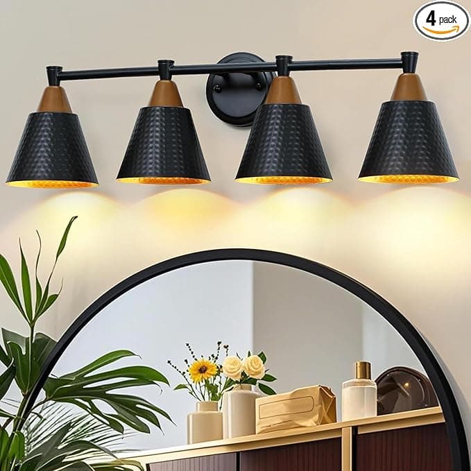 30" Bathroom Light Fixtures, 4 Light Vanity Lighting Fixtures with Imitation Wood Grain Paint and Black Finish, Modern Wall Lamp for Mirror Bedroom Living Room