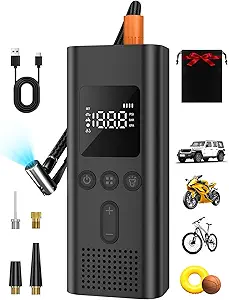 AIRSURE Tire Inflator Portable Air Compressor, 150 PSI Fast Inflation Cordless Air Pump with LED Light, Auto Shut-Off, Rechargeable Battery for Car, Motorcycle, Bike, and Sports Balls