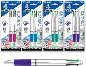 BAZIC PRODUCTS Lynx Silver Top 4-Color Retractable Ballpoint Pens, 1.0 mm Medium, Cushion Grip, for School Office Home, Set of 4