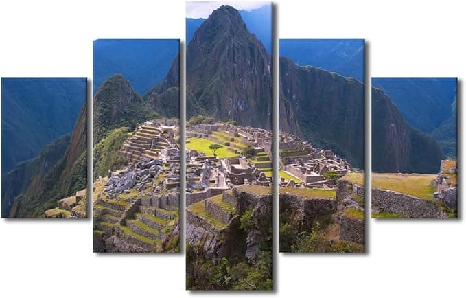 TUMOVO 5 Panel Canvas Wall Art Fortress Machu Picchu Picture Poster Wall Painting Ancient Settlement in the Incas Canvas Artwork South America Ruins Decorations Giclee Ready to Hang, 60&quot; Wx40 H