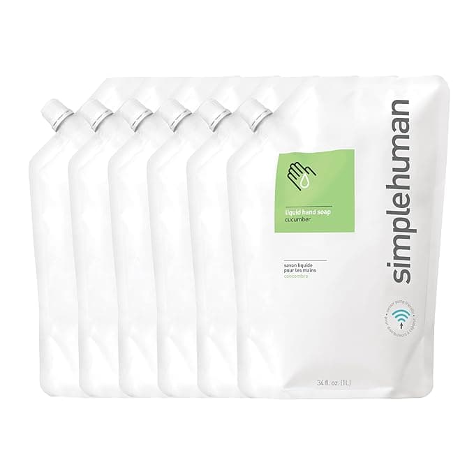 simplehuman Cucumber Moisturizing Liquid Hand Soap Refill Pouch, 34 Fl. Oz, Pack of 6