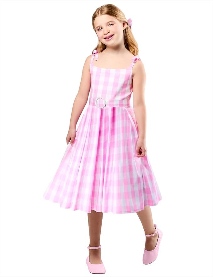 Rubies Barbie Perfect Day Cute Costume Dress in Pink from the Barbie Movie, with Belt and Hair Bow For Kids Girls