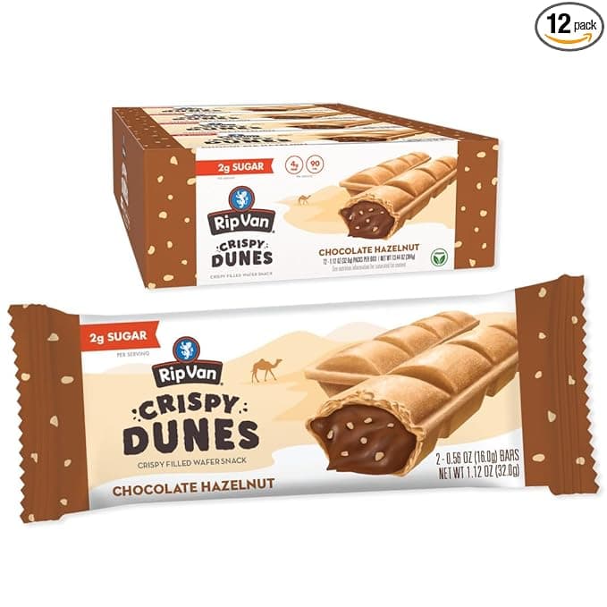 Rip Van Crispy Dunes Vegan Chocolate Hazelnut Wafer Sticks – Low-Calorie Keto Snack with Hazelnut Cream Filling, 90 Calories, Non-GMO, Prebiotic Fiber - 12 Pack
