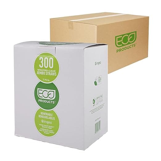 Eco-Products Compostable Paper Wrapped Jumbo Plastic Straws, 9.5&quot; Long, 8mm Diameter, Case of 4800, Clear Disposable Plant Based PLA Plastic, Large Sized Drinking Straws, ASTM Compliant, BPI-Certified