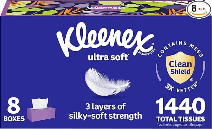 Kleenex Ultra Soft Facial Tissues, 8 Flat Boxes, 180 Tissues per Box, 3-Ply, Packaging May Vary