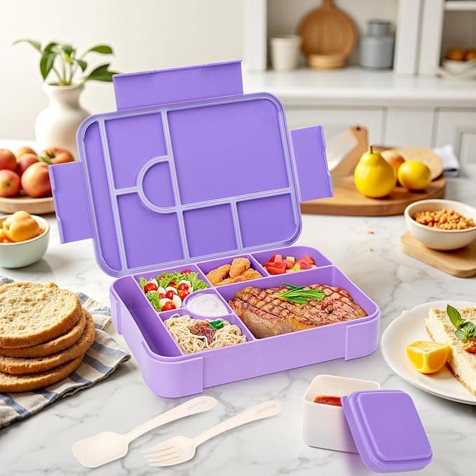 Bento Lunch Box, 1330ML Leak-Proof Bento Box for Adults, Food Container with 6 Compartments and Cutlery Set, BPA Free Snack Box for Office Microwave Dishwasher Safe