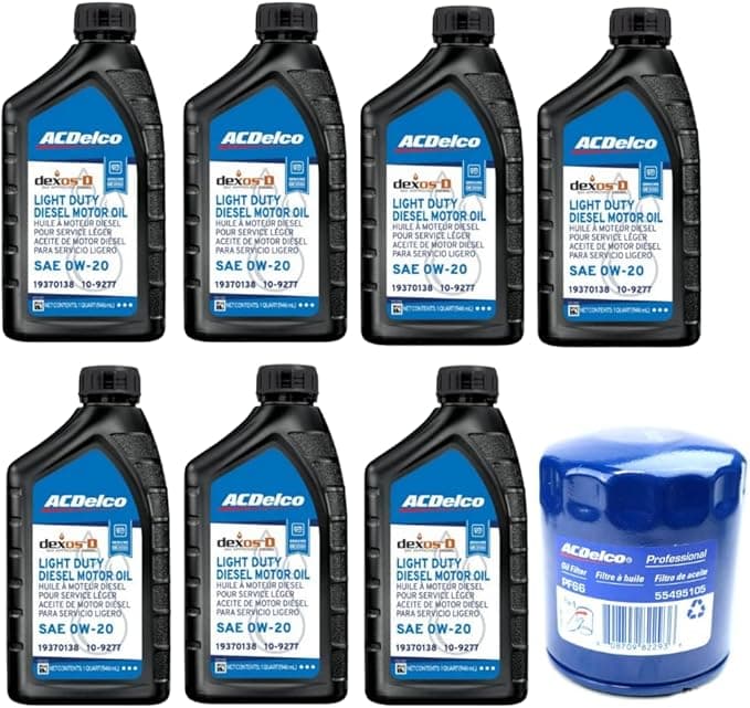 ACDelco DexosD Oil Change Kit 0W-20 Light Duty Diesel Engine Oil 19370138, 10-9277 and AC Delco PF66, 55495105, 19391402 Oil Filter (See Description For compatible vehicles)