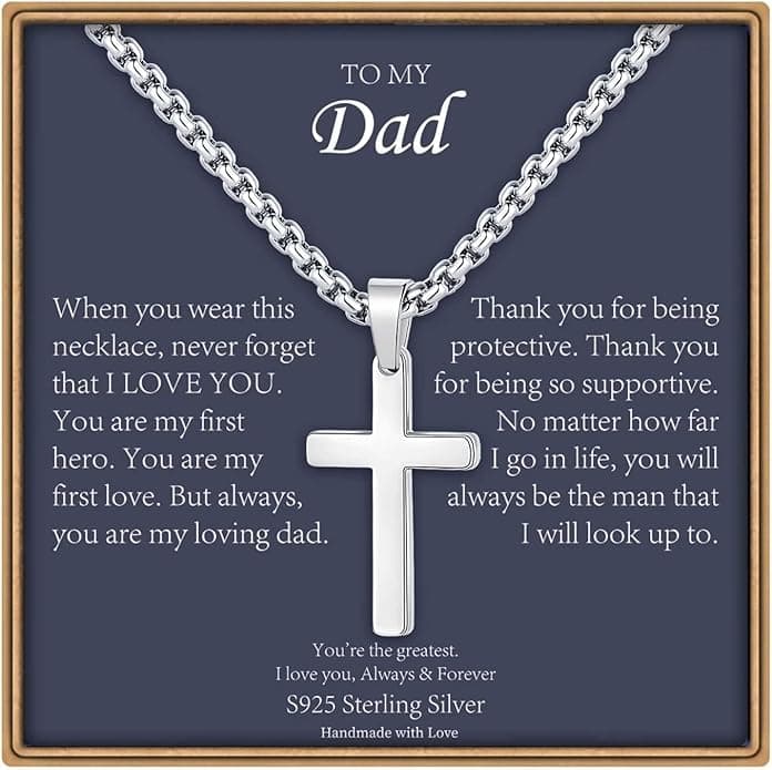 Cross Necklaces Gifts for Men Him, S925 Sterling Silver Box Chain Cross Necklace Religious Baptism Gifts for Men Grandson Son Anniversary Birthday Gifts for Dad Husband