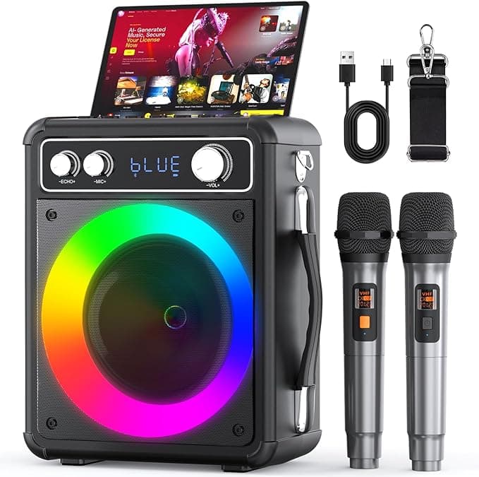 Karaoke Machine, Portable Bluetooth Karaoke Speaker with 2 Wireless Microphones, PA System for Adults Kids with LED Lights &amp; Echo Adjustment, Supports TWS/TF/USB/AUX for Home Party