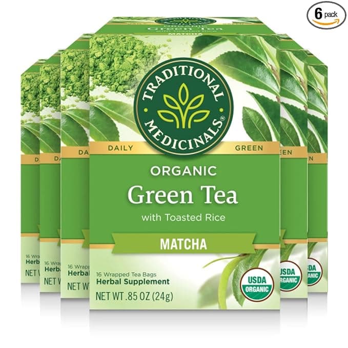 Traditional Medicinals Tea, Organic Green Tea Matcha, Genmaicha, Supports Health, Kosher, Non-GMO, Caffeine-Free, Compostable - 96 Tea Bags (6 Pack)