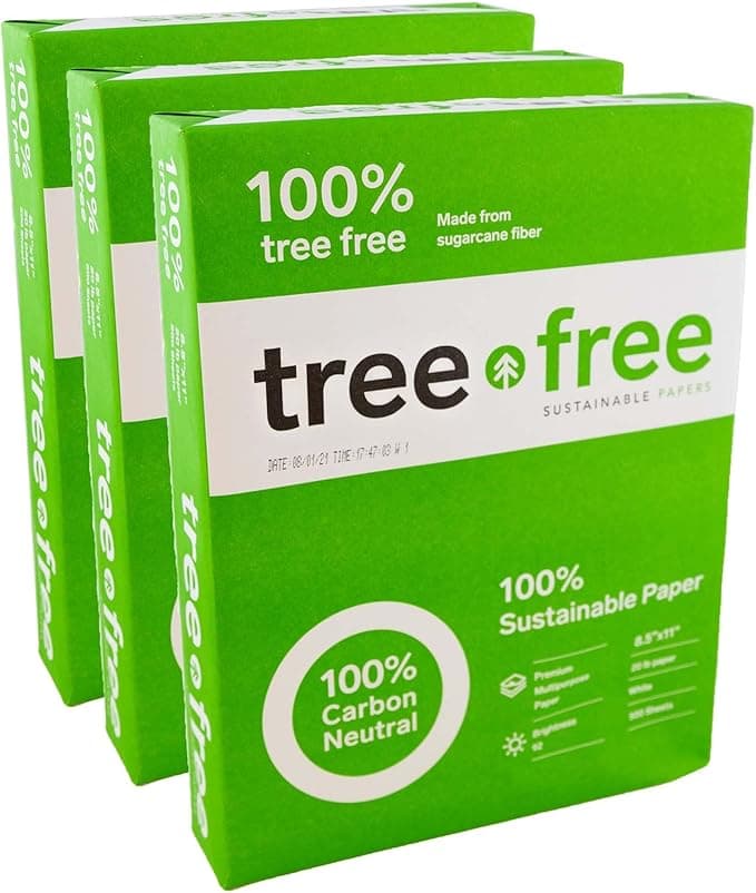 Tree Free Copy Paper, 20 LB, 8.5&quot; x 11&quot;, 92 Bright 100% Tree Free Carbon Neutral Acid Free, Made from Sugarcane Waste Fiber (500/Ream), 3-Reams
