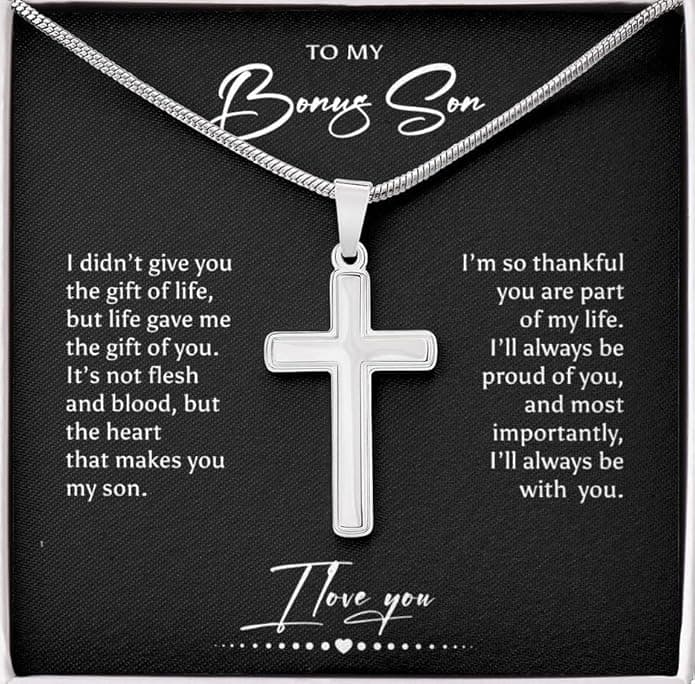 To My Bonus Son Gift from StepMom StepDad - May this Elegant Cross Necklace bring you faith, strength, and blessings wherever you go, stepson gift from stepmom,stepson, bonus son necklace,my stepson