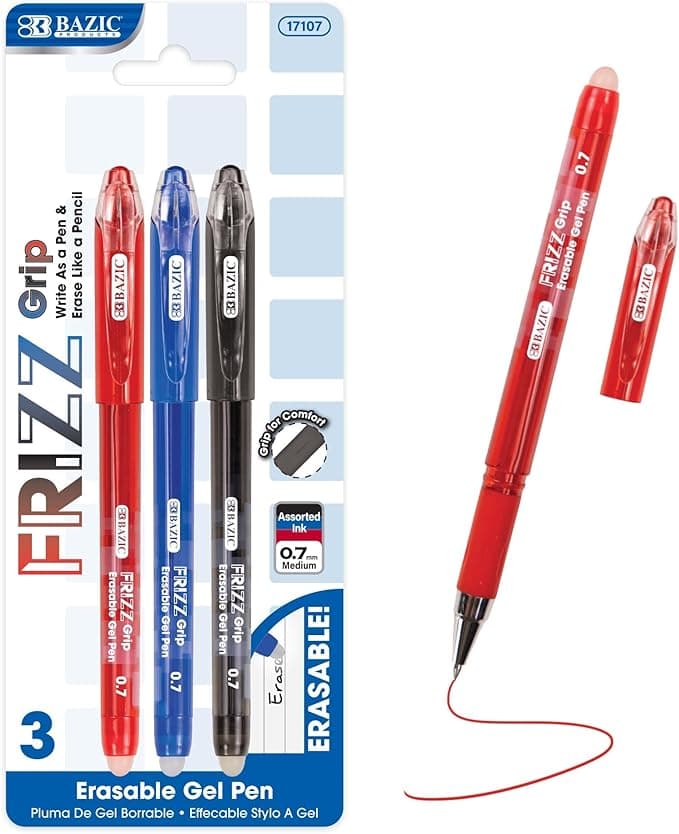 BAZIC Products Frizz Erasable Gel Pens, 0.7mm Medium Point, Assorted Colors Ink, Comfort Grip for Smooth Writing Drawing Planner, 144-Pack